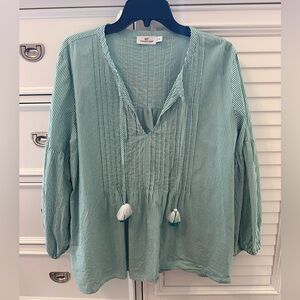 Vineyard Vines Women’s Green & White Stripe Pintuck Pleated Blouse Sz. XL